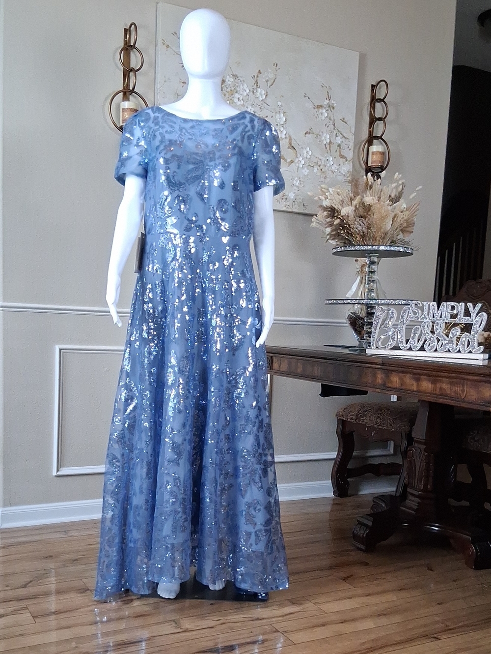 New Women's Dusty Blue Sequin Lace Evening Formal High Low Dress Size 14 - Picture 5 of 16